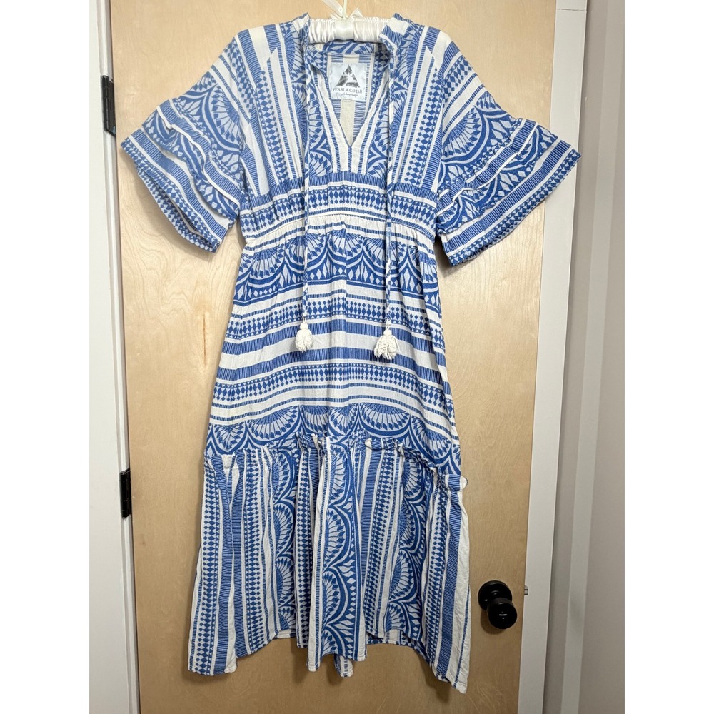 Pearl & Caviar S/M Blue White Geometric Print Tassel Midi Dress Pockets Boho